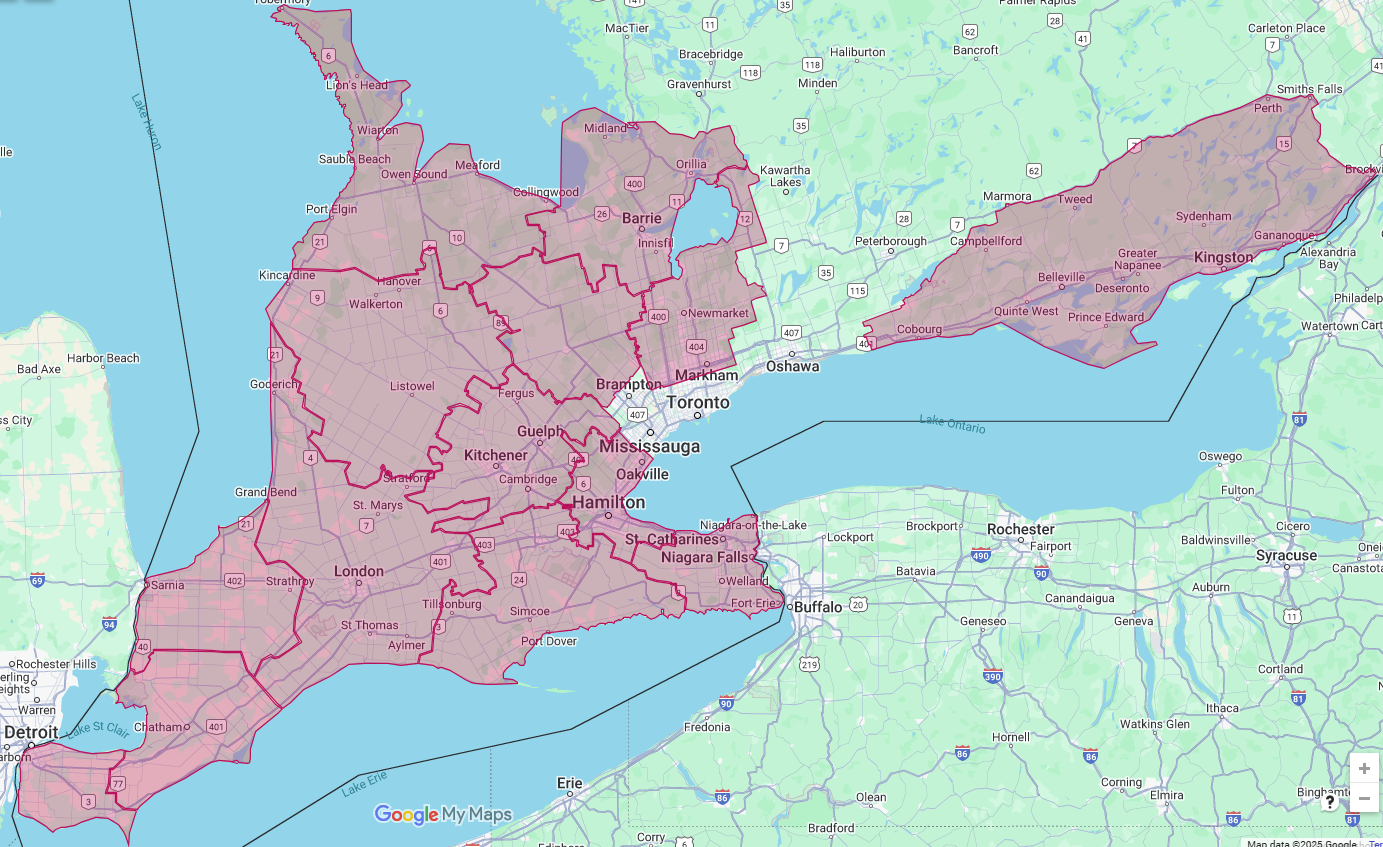 Map Depicting Location of Centennial Windows and Doors around Ontario